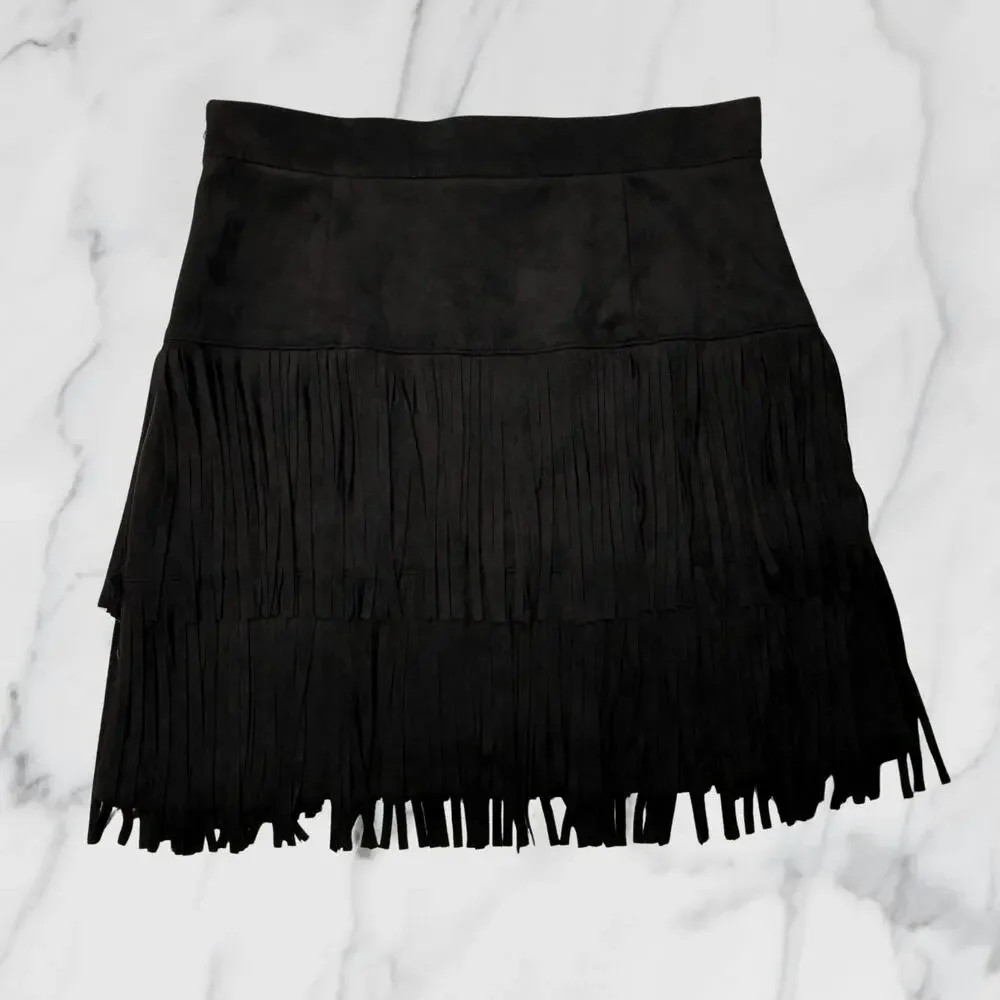 Altar'd State Black Faux Suede Tiered Fringe Western Mini Skirt Size Small